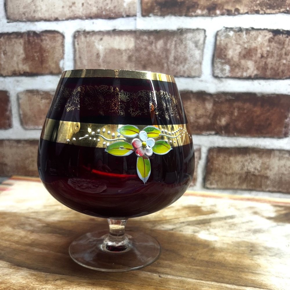 Vintage Bohemian Brandy Snifter . Ruby red/gold trim